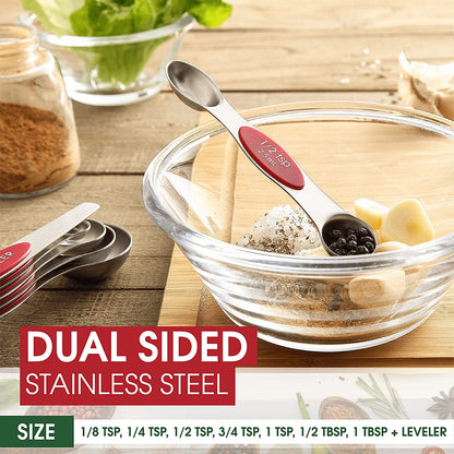 Red Stainless Steel Magnetic Measuring Spoons Set of 8 with Leveler, Dual Sided Nesting Teaspoon & Tablespoon Measuring Spoons, Kitchen Gadgets for Baking & Cooking, Fits in Spice Jars