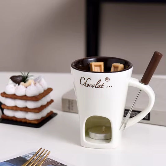 Ceramic Sweet Fondue Cup for Date Night Chocolate Melting Cup Set with Forks Chocolate Fondue Mug Cheese Desserts
