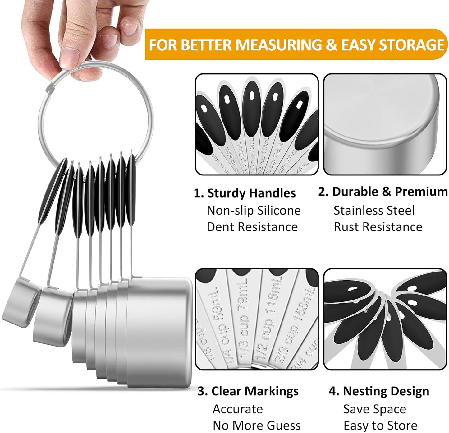 Measuring Cups and Magnetic Measuring Spoons Set,  Stainless Steel 8 Measuring Cups, 7 Double Sided Stackable Magnetic Measuring Spoons, 1 Leveler & 5 Mini Spoons - 21 Piece Black