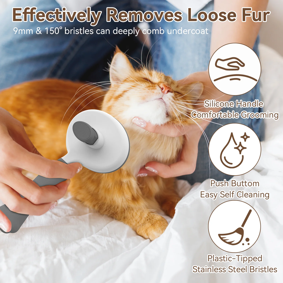 Cat & Dog Grooming Brush – Self-Cleaning Slicker Brush for Shedding, Removes Loose Fur & Tangles, Gentle & Skin-Friendly, Perfect for All Coat Types – Gray