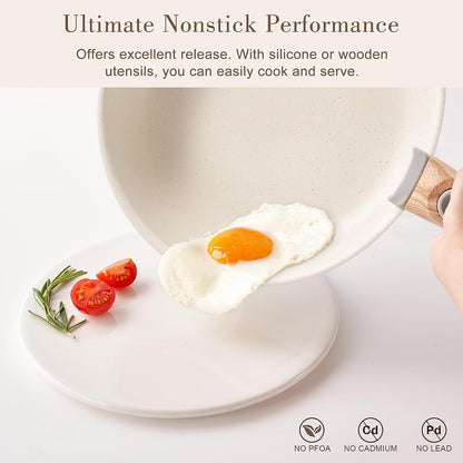 Nonstick Cookware Set -  Stackable Pots and Pans Set Detachable Handle Camping Cookware Granite Kitchen Cookware Sets Removable Handle, Non Toxic Nonstick Frying Pans for Cooking Set Gift Beige