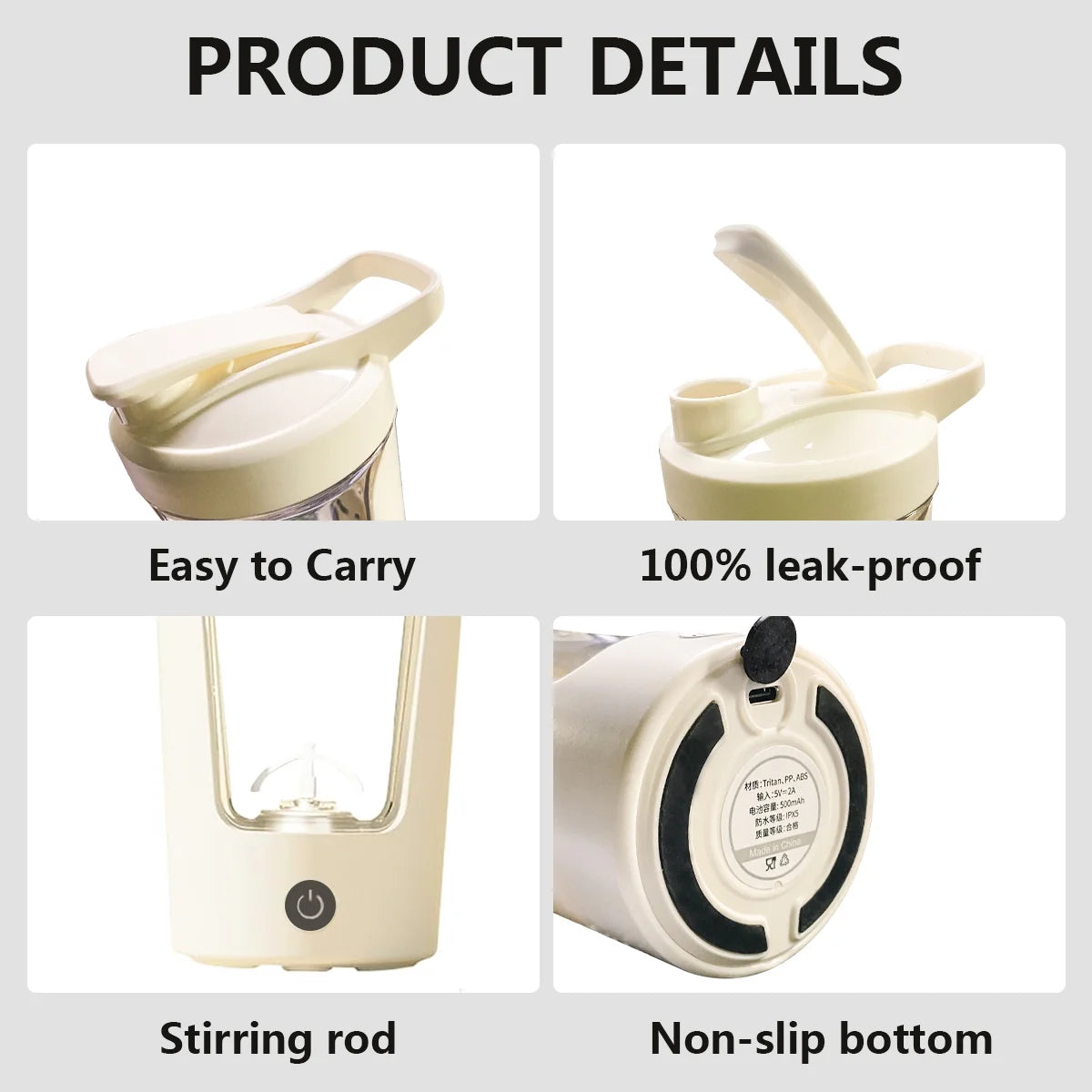 Electric Protein Shaker Bottle with Blender,Plastic Drink Mixer Cup for Coffee Milk Mixing,White