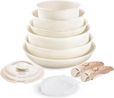 Nonstick Cookware Set -  Stackable Pots and Pans Set Detachable Handle Camping Cookware Granite Kitchen Cookware Sets Removable Handle, Non Toxic Nonstick Frying Pans for Cooking Set Gift Beige