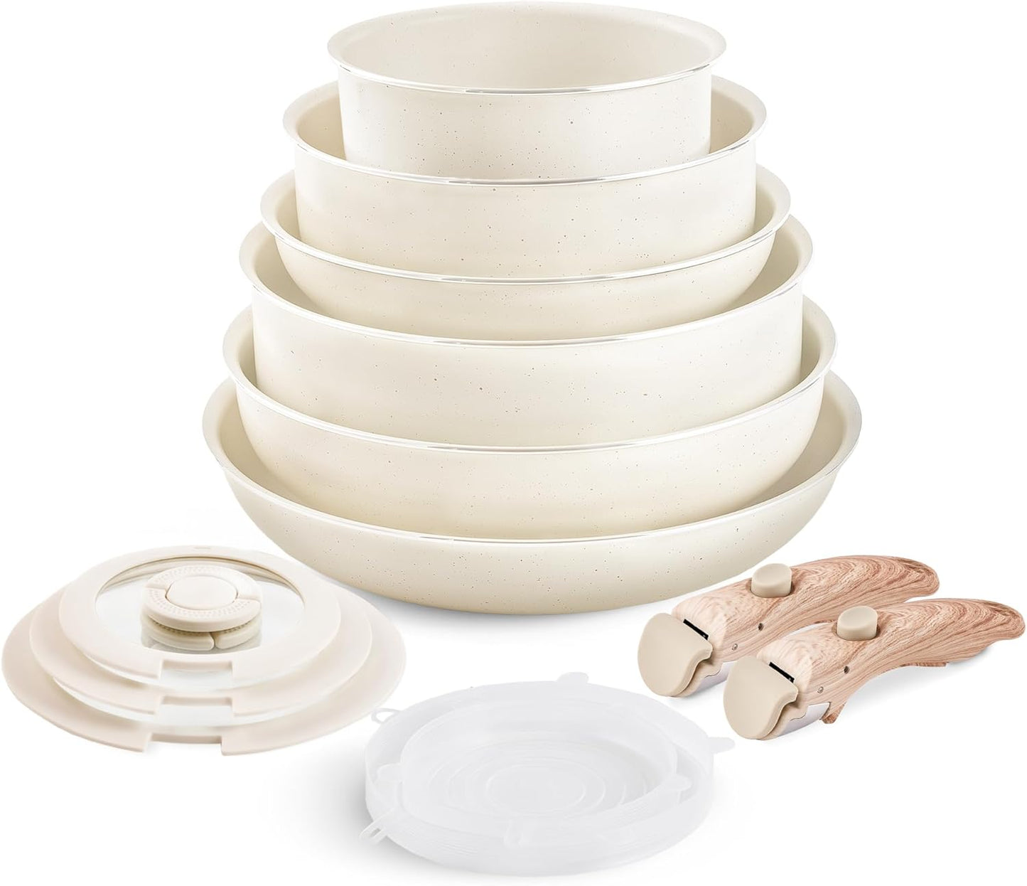 Nonstick Cookware Set -  Stackable Pots and Pans Set Detachable Handle Camping Cookware Granite Kitchen Cookware Sets Removable Handle, Non Toxic Nonstick Frying Pans for Cooking Set Gift Beige