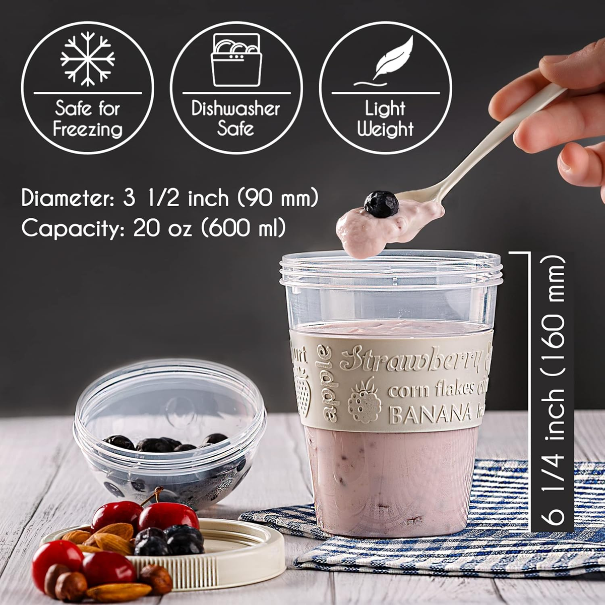 Yogurt Parfait Cups for Breakfast, Oatmeal or Fruit Container, Snack Bowl and Spoon for Lunch Box, Portable & Reusable, 2 Pcs (Red & Cream)