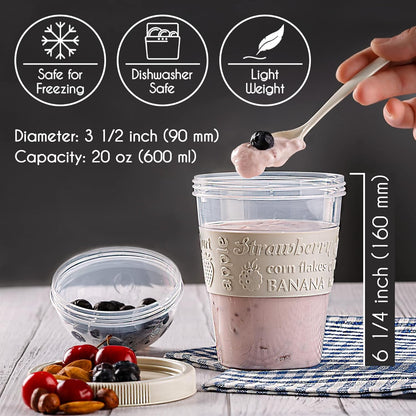 Yogurt Parfait Cups for Breakfast, Oatmeal or Fruit Container, Snack Bowl and Spoon for Lunch Box, Portable & Reusable, 2 Pcs (Red & Cream)