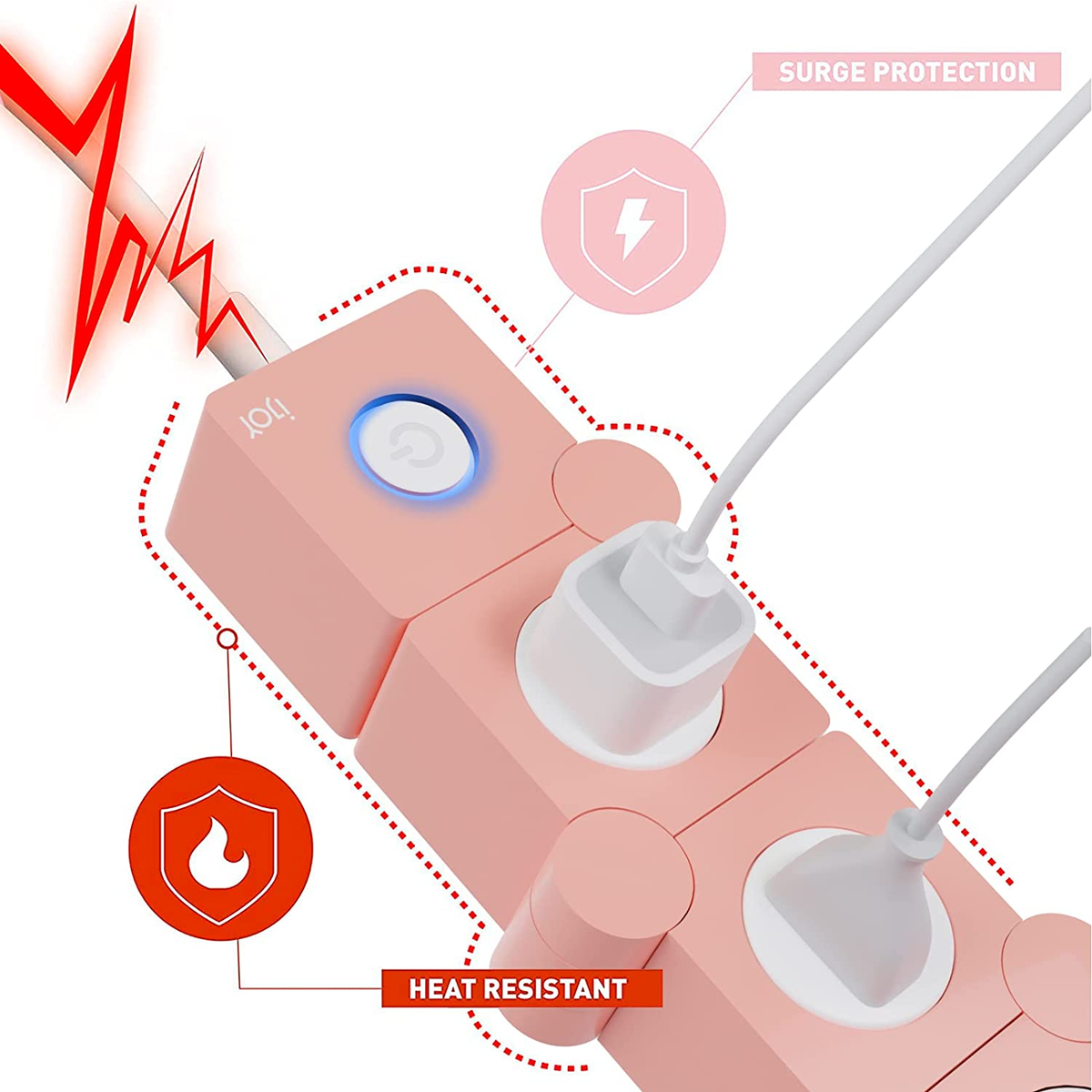 Flexible Power Strip - 3 AC Outlets and 2 USB Charging Ports with Pink Extension Cord, Power Strips with Surge Protection, Decorative Surge Protector Outlet Extender for Home, Office, and More