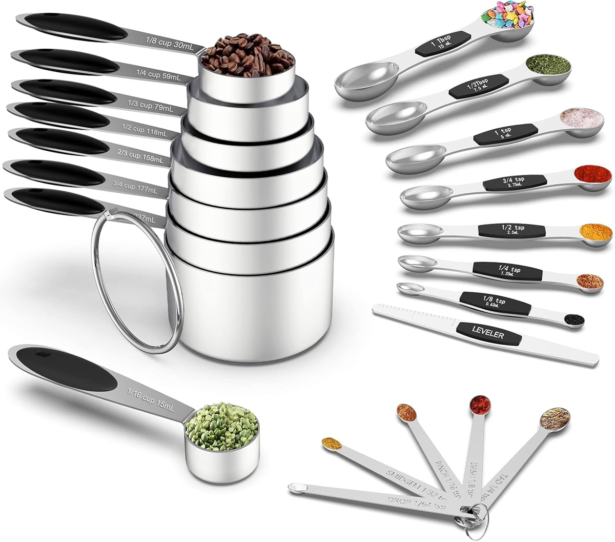 Measuring Cups and Magnetic Measuring Spoons Set,  Stainless Steel 8 Measuring Cups, 7 Double Sided Stackable Magnetic Measuring Spoons, 1 Leveler & 5 Mini Spoons - 21 Piece Black