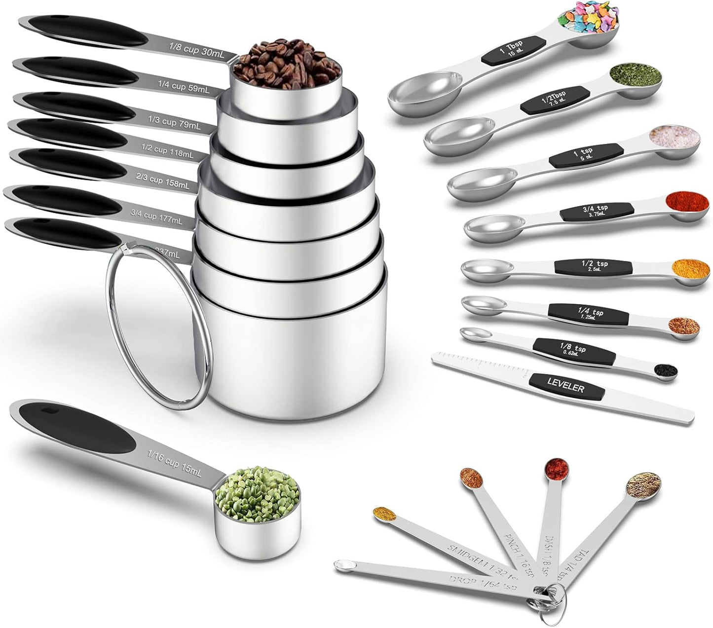 Measuring Cups and Magnetic Measuring Spoons Set,  Stainless Steel 8 Measuring Cups, 7 Double Sided Stackable Magnetic Measuring Spoons, 1 Leveler & 5 Mini Spoons - 21 Piece Black