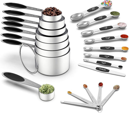 Measuring Cups and Magnetic Measuring Spoons Set,  Stainless Steel 8 Measuring Cups, 7 Double Sided Stackable Magnetic Measuring Spoons, 1 Leveler & 5 Mini Spoons - 21 Piece Black