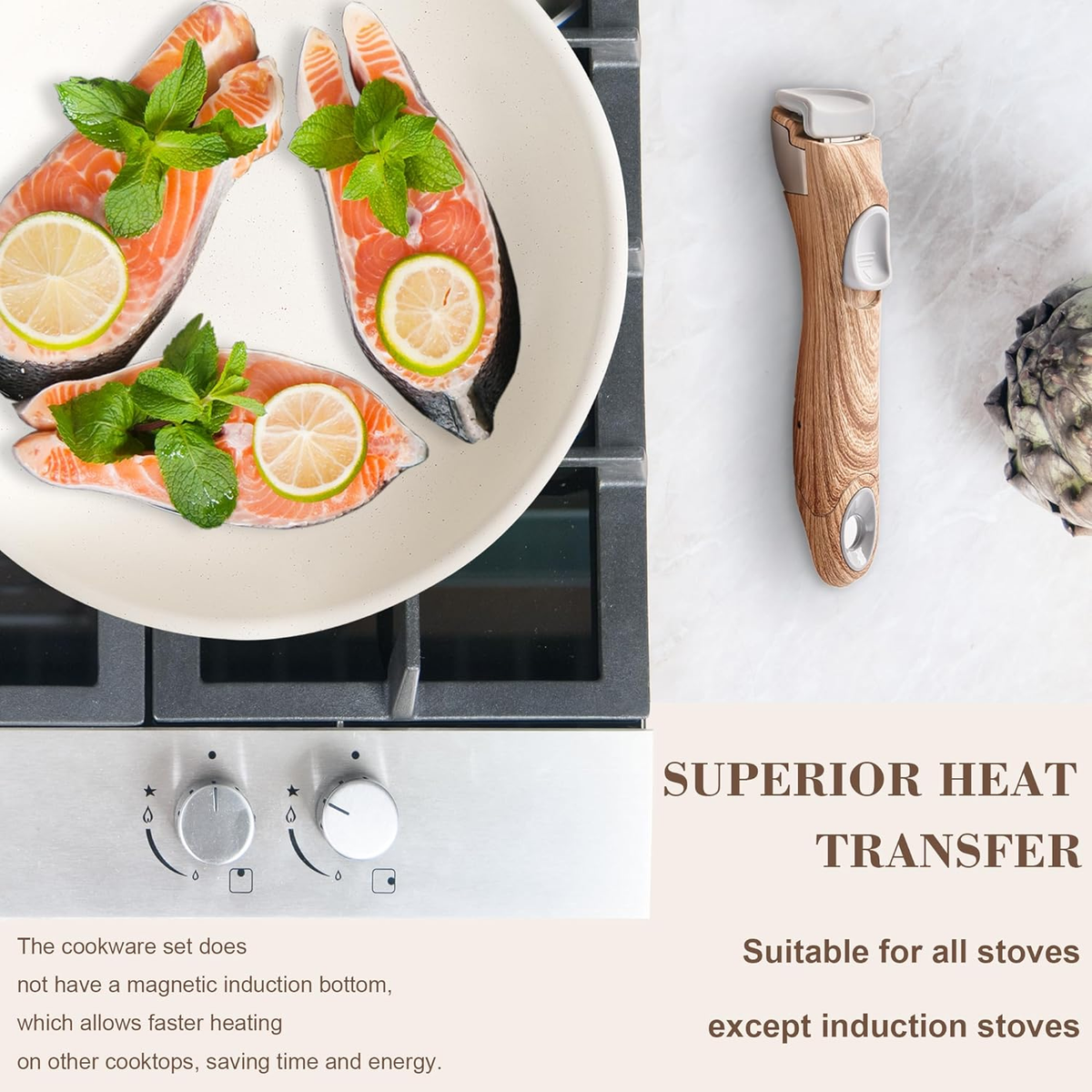 Nonstick Cookware Set -  Stackable Pots and Pans Set Detachable Handle Camping Cookware Granite Kitchen Cookware Sets Removable Handle, Non Toxic Nonstick Frying Pans for Cooking Set Gift Beige