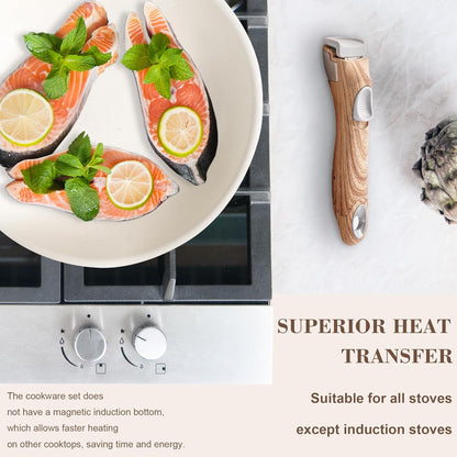 Nonstick Cookware Set -  Stackable Pots and Pans Set Detachable Handle Camping Cookware Granite Kitchen Cookware Sets Removable Handle, Non Toxic Nonstick Frying Pans for Cooking Set Gift Beige