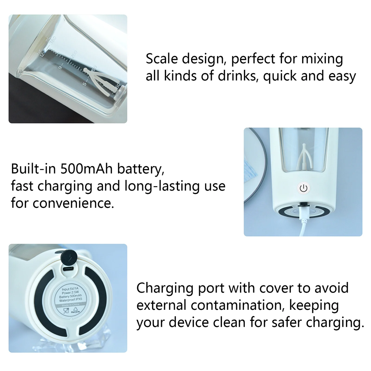 Electric Protein Shaker Bottle with Blender,Plastic Drink Mixer Cup for Coffee Milk Mixing,White