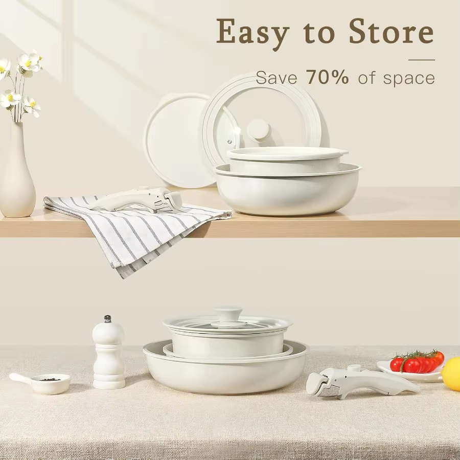 Ceramic Pots and Pans Set Non Stick, Nonstick Detachable Handle Cookware Sets, Healthy Non Toxic PFAS PFOA & PTFE Free, Dishwash