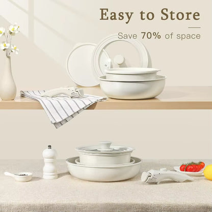 Ceramic Pots and Pans Set Non Stick, Nonstick Detachable Handle Cookware Sets, Healthy Non Toxic PFAS PFOA & PTFE Free, Dishwash