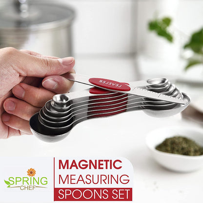 Red Stainless Steel Magnetic Measuring Spoons Set of 8 with Leveler, Dual Sided Nesting Teaspoon & Tablespoon Measuring Spoons, Kitchen Gadgets for Baking & Cooking, Fits in Spice Jars
