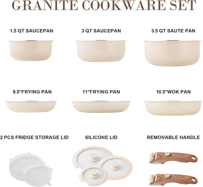 Nonstick Cookware Set -  Stackable Pots and Pans Set Detachable Handle Camping Cookware Granite Kitchen Cookware Sets Removable Handle, Non Toxic Nonstick Frying Pans for Cooking Set Gift Beige