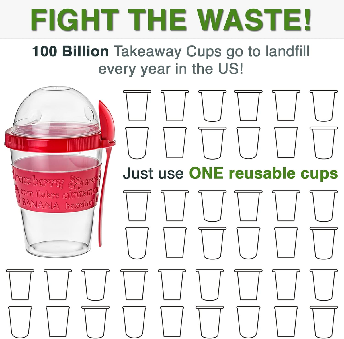 Yogurt Parfait Cups for Breakfast, Oatmeal or Fruit Container, Snack Bowl and Spoon for Lunch Box, Portable & Reusable, 2 Pcs (Red & Cream)