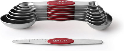 Red Stainless Steel Magnetic Measuring Spoons Set of 8 with Leveler, Dual Sided Nesting Teaspoon & Tablespoon Measuring Spoons, Kitchen Gadgets for Baking & Cooking, Fits in Spice Jars
