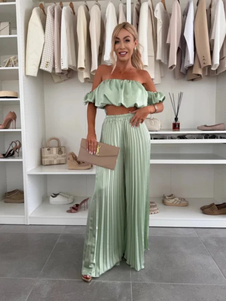 2025 Summer Fashion New Women'S Elegant Strapless Suit Casual Solid Color Temperament Foldable Elastic Pants