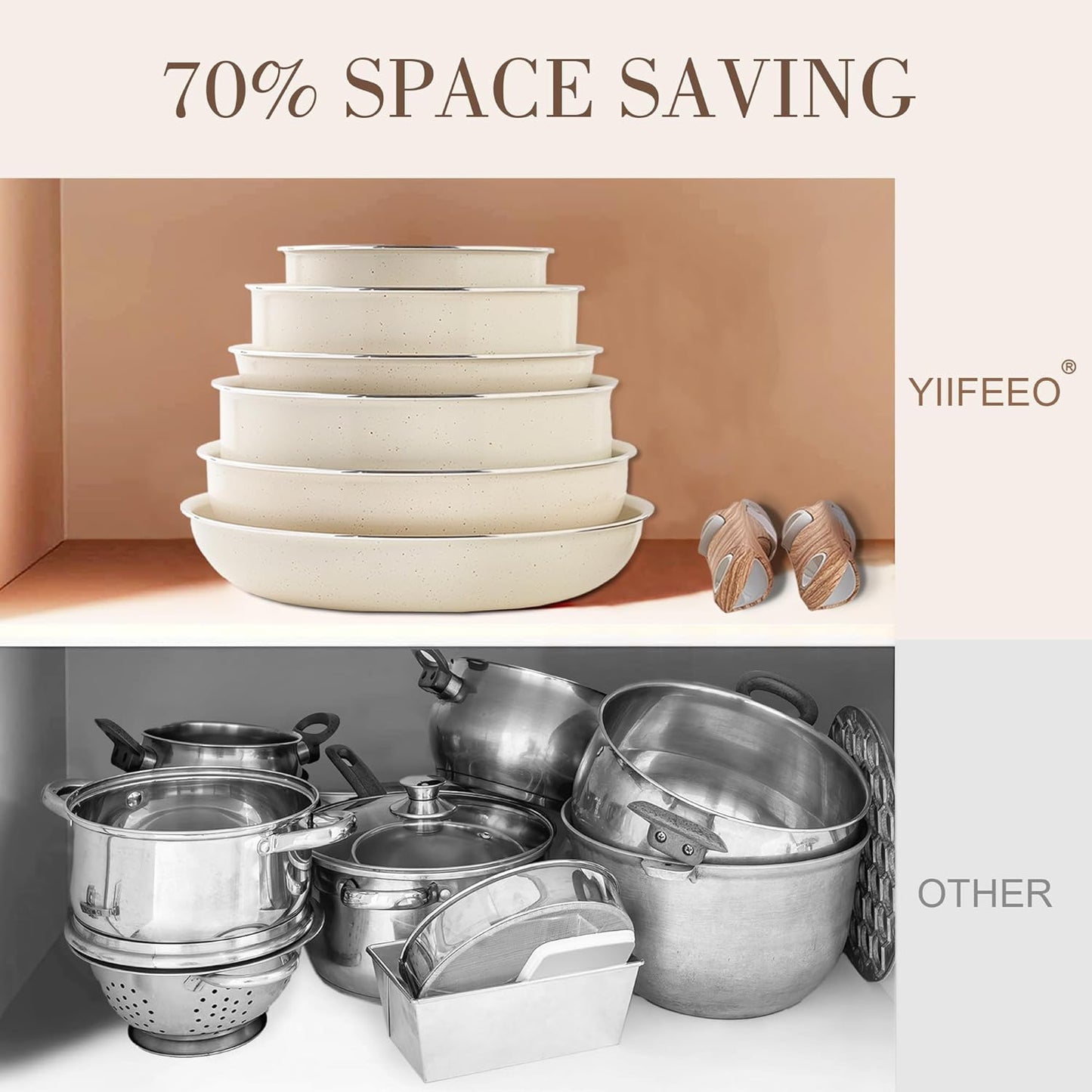 Nonstick Cookware Set -  Stackable Pots and Pans Set Detachable Handle Camping Cookware Granite Kitchen Cookware Sets Removable Handle, Non Toxic Nonstick Frying Pans for Cooking Set Gift Beige