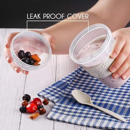 Yogurt Parfait Cups for Breakfast, Oatmeal or Fruit Container, Snack Bowl and Spoon for Lunch Box, Portable & Reusable, 2 Pcs (Red & Cream)