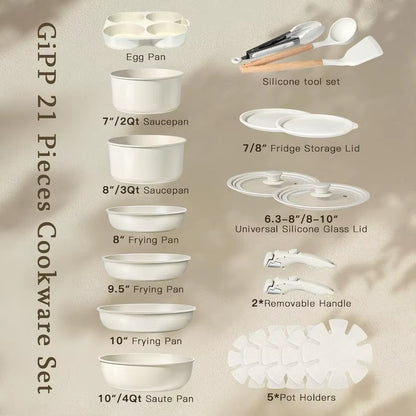 Ceramic Pots and Pans Set Non Stick, Nonstick Detachable Handle Cookware Sets, Healthy Non Toxic PFAS PFOA & PTFE Free, Dishwash