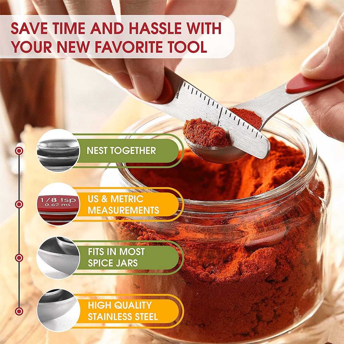 Red Stainless Steel Magnetic Measuring Spoons Set of 8 with Leveler, Dual Sided Nesting Teaspoon & Tablespoon Measuring Spoons, Kitchen Gadgets for Baking & Cooking, Fits in Spice Jars