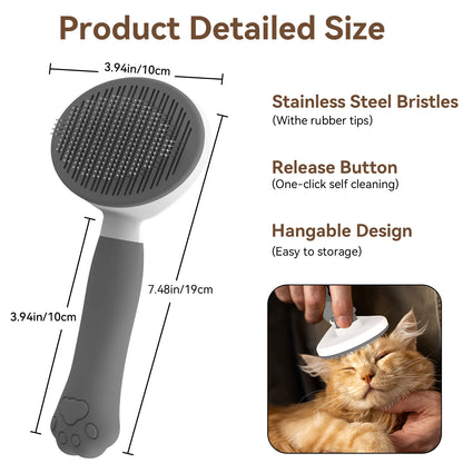 Cat & Dog Grooming Brush – Self-Cleaning Slicker Brush for Shedding, Removes Loose Fur & Tangles, Gentle & Skin-Friendly, Perfect for All Coat Types – Gray