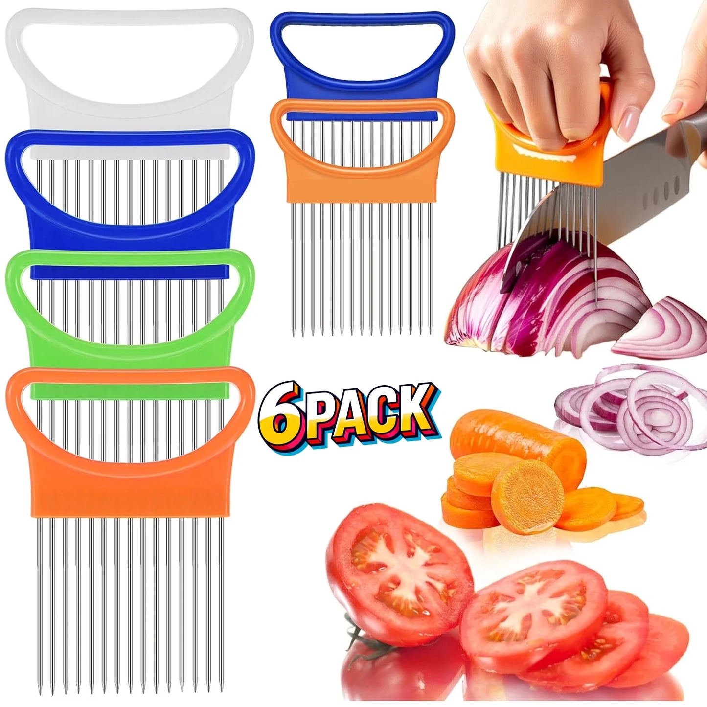 6Pieces Onion Holder for Slicing, Stainless Steel Onion Cutter for Slicing, Potato Lemon Slicer Tomato Slicers Kitchen Comb for Vegetables, Fruit and Meat