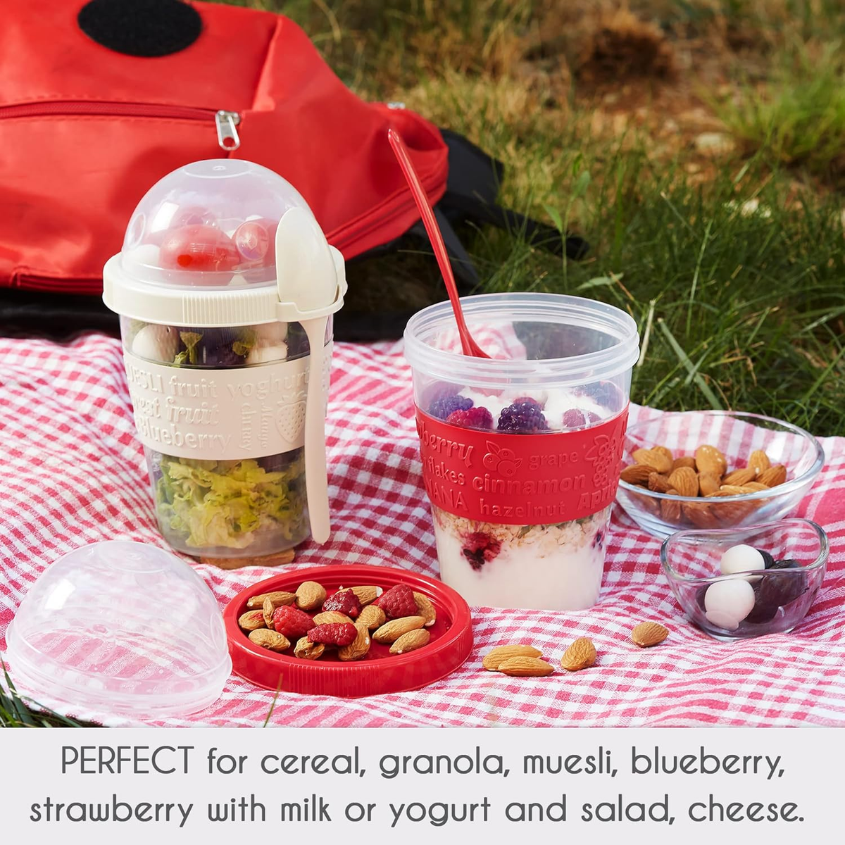 Yogurt Parfait Cups for Breakfast, Oatmeal or Fruit Container, Snack Bowl and Spoon for Lunch Box, Portable & Reusable, 2 Pcs (Red & Cream)