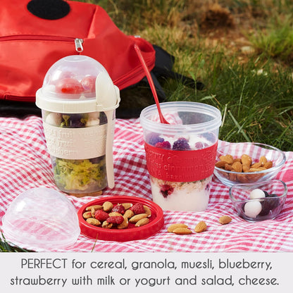 Yogurt Parfait Cups for Breakfast, Oatmeal or Fruit Container, Snack Bowl and Spoon for Lunch Box, Portable & Reusable, 2 Pcs (Red & Cream)