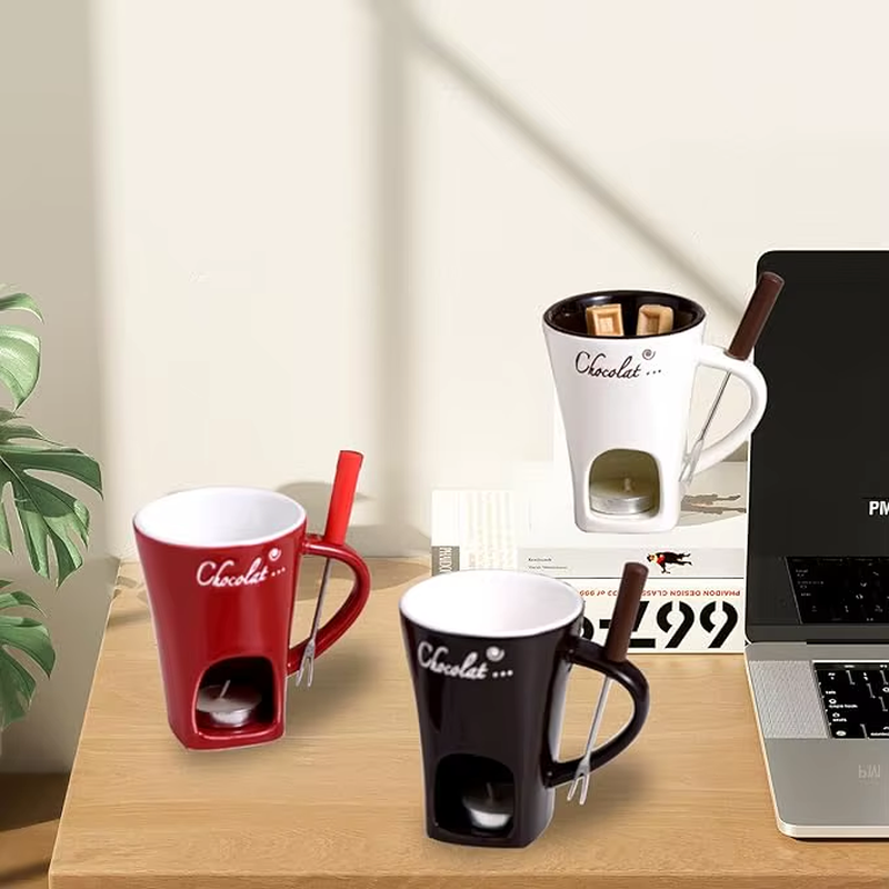 Ceramic Sweet Fondue Cup for Date Night Chocolate Melting Cup Set with Forks Chocolate Fondue Mug Cheese Desserts