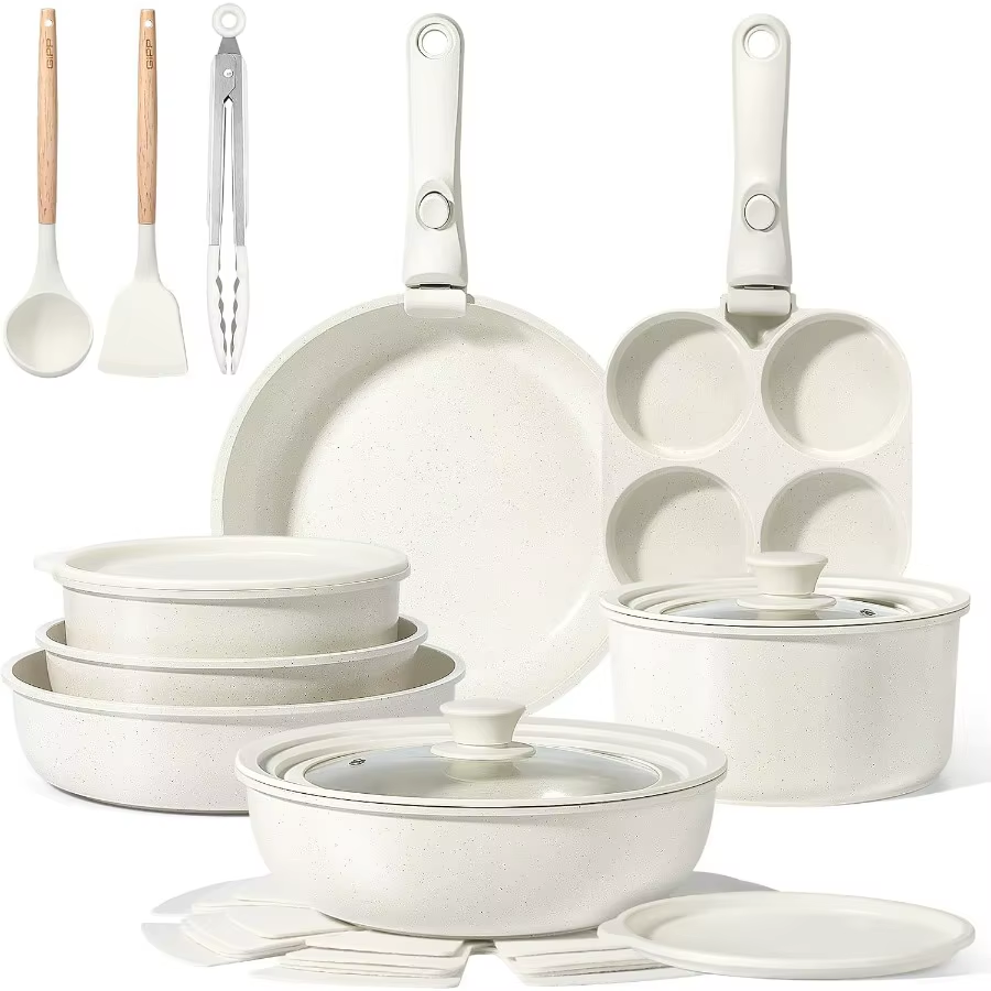 Ceramic Pots and Pans Set Non Stick, Nonstick Detachable Handle Cookware Sets, Healthy Non Toxic PFAS PFOA & PTFE Free, Dishwash