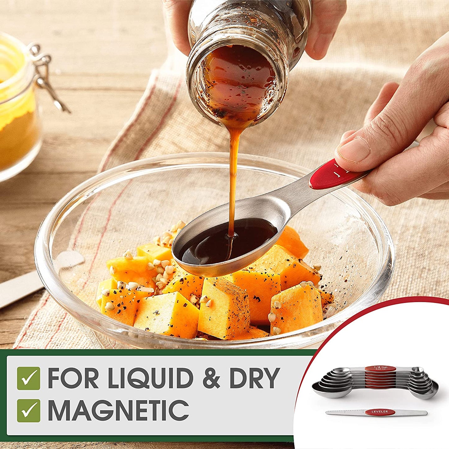 Red Stainless Steel Magnetic Measuring Spoons Set of 8 with Leveler, Dual Sided Nesting Teaspoon & Tablespoon Measuring Spoons, Kitchen Gadgets for Baking & Cooking, Fits in Spice Jars