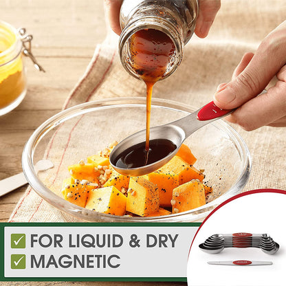 Red Stainless Steel Magnetic Measuring Spoons Set of 8 with Leveler, Dual Sided Nesting Teaspoon & Tablespoon Measuring Spoons, Kitchen Gadgets for Baking & Cooking, Fits in Spice Jars