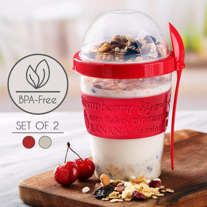 Yogurt Parfait Cups for Breakfast, Oatmeal or Fruit Container, Snack Bowl and Spoon for Lunch Box, Portable & Reusable, 2 Pcs (Red & Cream)
