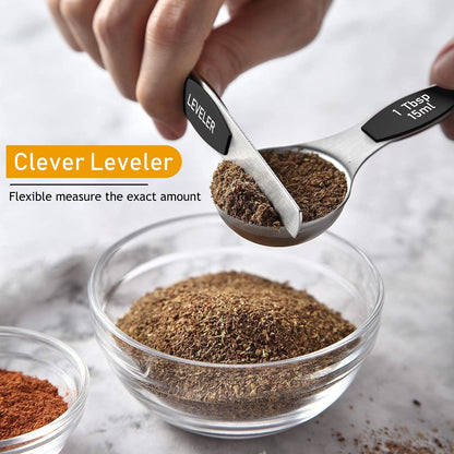 Measuring Cups and Magnetic Measuring Spoons Set,  Stainless Steel 8 Measuring Cups, 7 Double Sided Stackable Magnetic Measuring Spoons, 1 Leveler & 5 Mini Spoons - 21 Piece Black